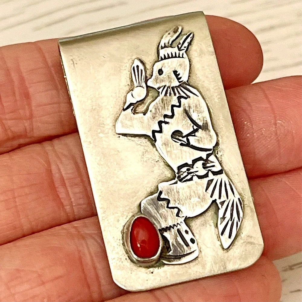 Kachina Fox Dancer‎ Coral Money Clip Sterling Hopi VTG Native Amer Turquoise